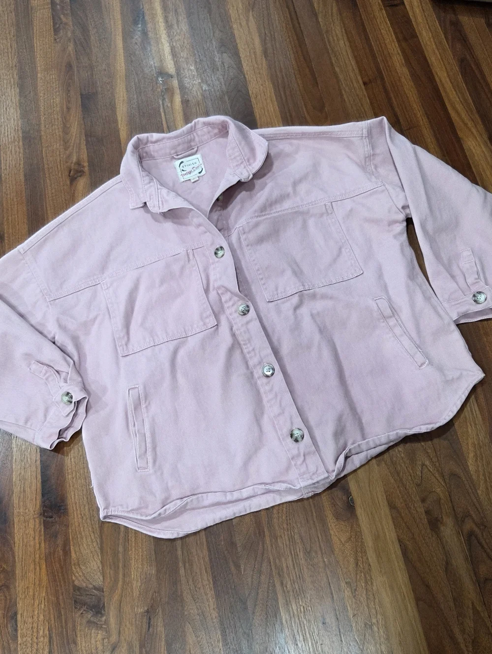 Stoosh Womens Cropped Jacket Pink Button Front Utility Shacket Short Sleeve Boxy